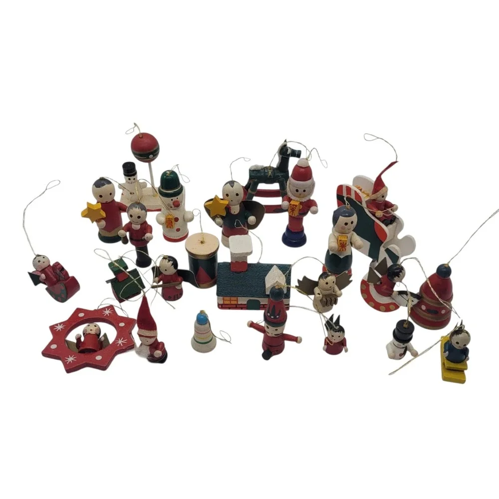 Vintage Not so Mystery Lot of 25 Wooden Christmas Ornaments Folk Art